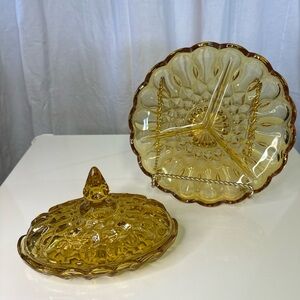 Vintage Anchor Hocking Fairfield Amber Glass Divided Relish & Butter Dish Set